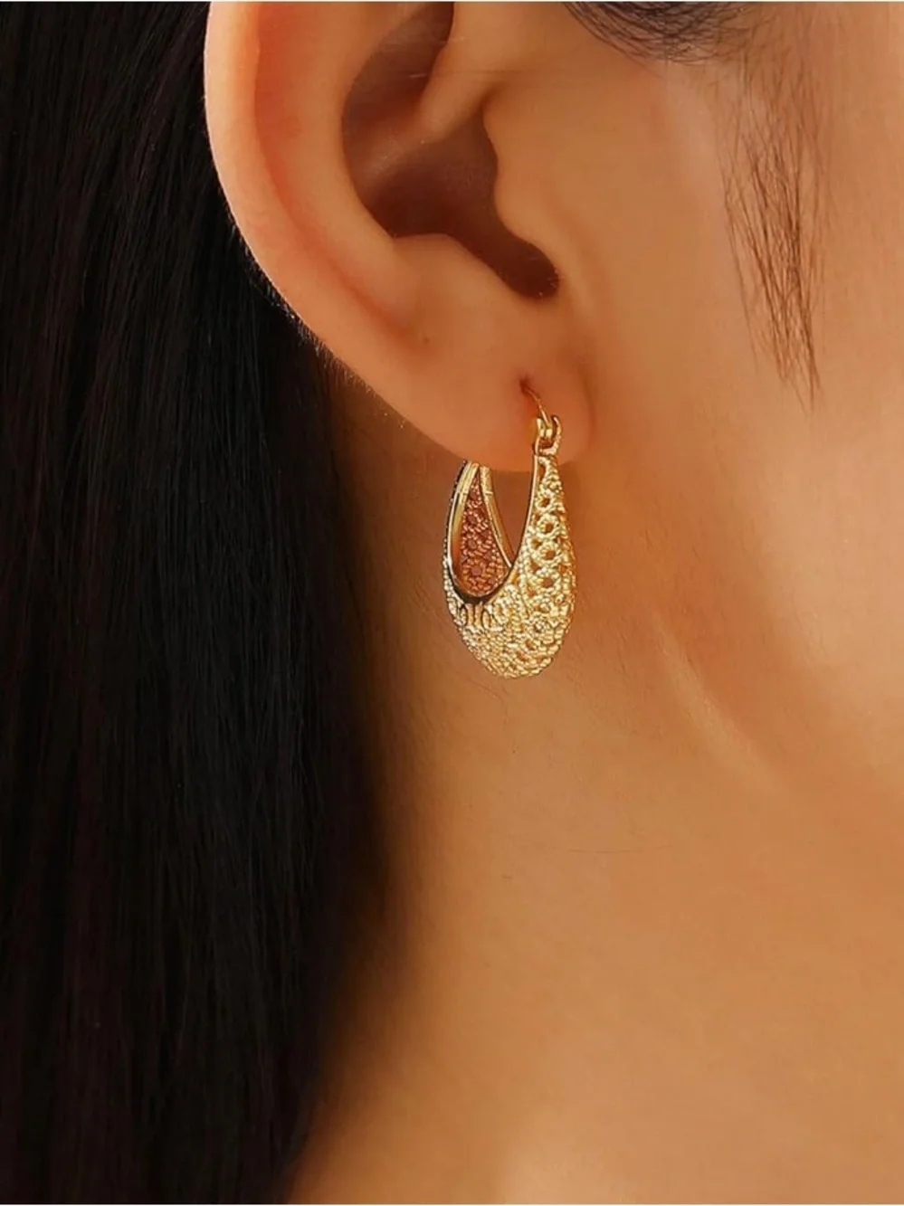 Gold Textured Hoop Earrings - Women's Jewelry